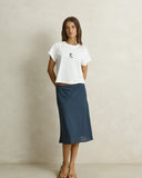 Model wearing the Rhythm Maisy Midi Skirt - Blue on a plain background