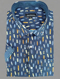 Close-up detail of the custom mini surfboard graphic print on the premium Navy cotton fabric.