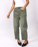 Monaco Toni Barrel Jeans in Khaki front view showing the high rise waist and wide barrel leg silhouette, sold by Point Break Cambridge local family surf shop at 63 Duke street.
