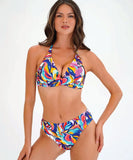 Front view of the Moontide Mid-rise bikini pant in a vibrant multi-colour print showing the comfortable classic waistband.