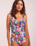 Front view of the Moontide Side Trim one piece swimsuit in a vibrant multi-coloured print showcasing the side trim details.
