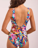 Back view of the women's Moontide Side Trim swimsuit displaying the classic scoop back layout and comfortable rear coverage.