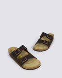 Neckermann N2718 Unisex Leather Sandals in Cafe brown front view showing the timeless open toe twin strap configuration and adjustable metallic buckle layout, sold by Point Break Cambridge local family surf shop at 63 Duke street.