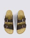 Neckermann N2718 Unisex Leather Sandals in Cafe brown front view showing the timeless open toe twin strap configuration and adjustable metallic buckle layout, sold by Point Break Cambridge local family surf shop at 63 Duke street.