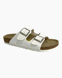 Neckermann N2718 Unisex Leather Sandals in White front view showing the timeless open toe twin strap configuration and adjustable metallic buckle layout, sold by Point Break Cambridge local family surf shop at 63 Duke street.