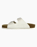 Neckermann N2718 Unisex Leather Sandals in White side profile view highlighting the comfortable sole thickness arch support lines and robust strap anchorage, sold by Point Break Cambridge local family surf shop at 63 Duke street.