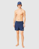 Oakley Beach Volley 16 inch Beachshort in Abyss blue front view showing the comfortable elastic waistband adjustment drawcord and subtle lower leg brand logo detail, sold by Point Break Cambridge local family surf shop at 63 Duke street.