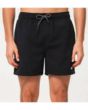 Oakley Beach Volley 16 inch Beachshort in Blackout matte black front view showing the comfortable elastic waistband adjustment drawcord and subtle lower leg brand logo detail, sold by Point Break Cambridge local family surf shop at 63 Duke street.