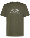 Oakley Camo Ellipse Tee in New Dark Brush olive green front view showing the comfortable ribbed crew neck and custom camouflage print Ellipse chest graphic logo layout, sold by Point Break Cambridge local family surf shop at 63 Duke street.