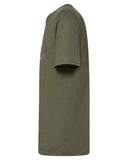 Oakley Camo Ellipse Tee in New Dark Brush olive green side profile view showing the comfortable casual short sleeve length and clean flat-stitched lower hemline structure, sold by Point Break Cambridge local family surf shop at 63 Duke street.