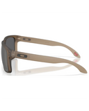 Oakley Holbrook XL Sunglasses in Matte Brown Smoke translucent frame side profile view highlighting the comfortable straight temple arm taper and iconic metallic square O brand logo icon detailing, sold by Point Break Cambridge local family surf shop at 63 Duke street.