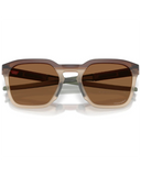 Oakley HSTN SQ 2.0 Sunglasses in Matte Rootbeer brown front view showing the progressive geometric square lifestyle frame layout modern lenses and premium contrast-enhancing Prizm Bronze lenses, sold by Point Break Cambridge local family surf shop at 63 Duke street.