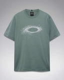 Oakley Lunar Ellipse Tee in Aviator Green olive front view showing the comfortable ribbed crew neck and custom celestial Lunar Ellipse chest graphic logo layout, sold by Point Break Cambridge local family surf shop at 63 Duke street.