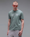 Oakley Lunar Ellipse Tee in Aviator Green olive front view showing the comfortable ribbed crew neck and custom celestial Lunar Ellipse chest graphic logo layout, sold by Point Break Cambridge local family surf shop at 63 Duke street.