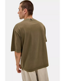 Oakley Mod Embroidered Tee in Deep Olive green back view showing the relaxed straight silhouette drape and premium structural shoulder panel seam stitching layout, sold by Point Break Cambridge local family surf shop at 63 Duke street.