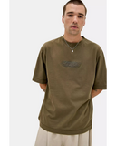 Oakley Mod Embroidered Tee in Deep Olive green front view showing the comfortable ribbed crew neck and clean minimalist embroidered chest brand logo layout, sold by Point Break Cambridge local family surf shop at 63 Duke street.