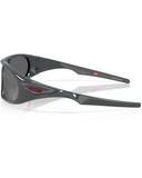 Oakley Neoforma Sunglasses in Polished Carbon side profile view highlighting the streamlined temple arm taper signature branding details and wrap frame curvature, sold by Point Break Cambridge local family surf shop at 63 Duke street.