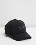 Oakley Tincan Cap in Black and Carbon Fibre front view showing the structured curved brim and metal ellipse logo, sold by Point Break Cambridge local family surf shop at 63 Duke street.