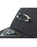 Oakley Tincan Cap in Black and Graphic Camo close up view highlighting the textured metal icon and moisture wicking internal sweatband, sold by Point Break Cambridge local family surf shop at 63 Duke street.