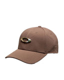 Oakley Tincan Cap in Dark Umber brown front view showing the structured curved brim and metal front ellipse logo, sold by Point Break Cambridge local family surf shop at 63 Duke street.