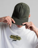 Oakley Tinfoil 3.0 LX Cap in New Dark Brush olive front view showing the structured six panel crown curved brim and custom metallic front brand icon badge, sold by Point Break Cambridge local family surf shop at 63 Duke street.