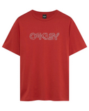 Oakley Wire B1B Tee in Flame Red vibrant crimson front view showing the comfortable ribbed crew neck and custom wire B1B chest graphic logo layout, sold by Point Break Cambridge local family surf shop at 63 Duke street.
