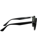 Ray-Ban Sunglasses in Black side profile view highlighting the comfortable contoured temple arm taper and iconic classic script raised silver Ray-Ban brand logo detailing, sold by Point Break Cambridge local family surf shop at 63 Duke street.