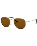 Ray-Ban Hexagonal Flat Lenses Sunglasses in Polished Arista Gold front view showing the progressive geometric wire metal frame layout slim coin-edged borders and premium glare-reducing Brown Polarized flat mineral glass lenses, sold by Point Break Cambridge local family surf shop at 63 Duke street.