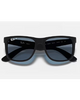 Ray-Ban Justin Classic Sunglasses in Matte Rubber Black front view showing the bold rectangular lifestyle frame layout velvety soft touch texture and premium glare-reducing Dark Blue Polarized lenses, sold by Point Break Cambridge local family surf shop at 63 Duke street.

