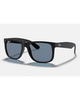 Ray-Ban Justin Classic Sunglasses in Matte Rubber Black front view showing the bold rectangular lifestyle frame layout velvety soft touch texture and premium glare-reducing Dark Blue Polarized lenses, sold by Point Break Cambridge local family surf shop at 63 Duke street.
