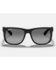 Ray-Ban Justin Classic Sunglasses in Matte Rubber Black front view showing the bold rectangular lifestyle frame layout velvety soft touch texture and premium glare-reducing Light Grey Polarized lenses, sold by Point Break Cambridge local family surf shop at 63 Duke street.