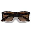 Ray-Ban Justin Classic Sunglasses in Matte Rubber Light Havana tortoiseshell front view showing the bold rectangular lifestyle frame layout velvety soft-touch texture and premium Light Brown Gradient Dark Brown lenses, sold by Point Break Cambridge local family surf shop at 63 Duke street.