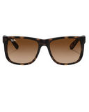 Ray-Ban Justin Classic Sunglasses in Matte Rubber Light Havana tortoiseshell front view showing the bold rectangular lifestyle frame layout velvety soft-touch texture and premium Light Brown Gradient Dark Brown lenses, sold by Point Break Cambridge local family surf shop at 63 Duke street.