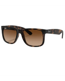 Ray-Ban Justin Classic Sunglasses in Matte Rubber Light Havana tortoiseshell front view showing the bold rectangular lifestyle frame layout velvety soft-touch texture and premium Light Brown Gradient Dark Brown lenses, sold by Point Break Cambridge local family surf shop at 63 Duke street.