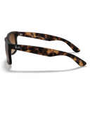 Ray-Ban Justin Classic Sunglasses in Matte Rubber Light Havana tortoiseshell side profile view highlighting the thick comfortable temple arm taper and iconic classic script raised silver Ray-Ban brand logo detailing, sold by Point Break Cambridge local family surf shop at 63 Duke street.