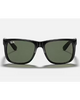 Ray-Ban Justin Classic Sunglasses in Polished Black front view showing the bold rectangular lifestyle frame layout smooth bridge line and premium high-contrast Dark Green lenses, sold by Point Break Cambridge local family surf shop at 63 Duke street.