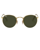 Ray-Ban Round Metal Sunglasses in Arista Gold front view showing the iconic circular wire metal frame layout curved brow bridge architecture and premium optical clarity G-15 Green mineral glass lenses, sold by Point Break Cambridge local family surf shop at 63 Duke street.