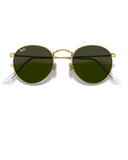 Ray-Ban Round Metal Sunglasses in Arista Gold front view showing the iconic circular wire metal frame layout curved brow bridge architecture and premium optical clarity G-15 Green mineral glass lenses, sold by Point Break Cambridge local family surf shop at 63 Duke street.