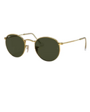 Ray-Ban Round Metal Sunglasses in Arista Gold front view showing the iconic circular wire metal frame layout curved brow bridge architecture and premium optical clarity G-15 Green mineral glass lenses, sold by Point Break Cambridge local family surf shop at 63 Duke street.