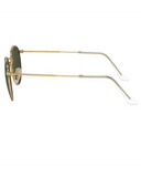 Ray-Ban Round Metal Sunglasses in Arista Gold side profile view highlighting the ultra thin lightweight temple arms and subtle laser engraved classic script Ray-Ban brand signature on the lens border, sold by Point Break Cambridge local family surf shop at 63 Duke street.