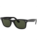 Ray-Ban Wayfarer Sunglasses in Black front view showing the iconic square acetate lifestyle frame layout silver metallic rivets and premium optical clarity G-15 Green mineral glass lenses, sold by Point Break Cambridge local family surf shop at 63 Duke street.