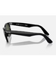 Ray-Ban Wayfarer Sunglasses in Black side profile view highlighting the comfortable contoured temple arm taper and iconic classic script silver Ray-Ban brand logo detailing, sold by Point Break Cambridge local family surf shop at 63 Duke street.