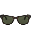 Ray-Ban Wayfarer Sunglasses in Tortoise front view showing the iconic square tortoiseshell acetate lifestyle frame layout silver metallic rivets and premium optical clarity G-15 Green mineral glass lenses, sold by Point Break Cambridge local family surf shop at 63 Duke street.
