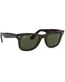 Ray-Ban Wayfarer Sunglasses in Tortoise front view showing the iconic square tortoiseshell acetate lifestyle frame layout silver metallic rivets and premium optical clarity G-15 Green mineral glass lenses, sold by Point Break Cambridge local family surf shop at 63 Duke street.