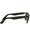 Ray-Ban Wayfarer Sunglasses in Tortoise side profile view highlighting the comfortable contoured temple arm taper and iconic classic script silver Ray-Ban brand logo detailing, sold by Point Break Cambridge local family surf shop at 63 Duke street.