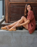 Reef Cushion Vista Higher Sandal in Natural tan front view showing the elegant open toe twin strap configuration and clean minimalist chunky platform slide layout, sold by Point Break Cambridge local family surf shop at 63 Duke street.