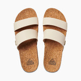 Top orthogonal view of the Reef Cushion Vista Higher slide sandals in Vintage Tan displaying the double-strap upper configuration.