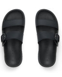Reef Vista Capri Sandals in Black back view showing the flat heel profile and premium durable cushion bounce sole unit construction, sold by Point Break Cambridge local family surf shop at 63 Duke street.