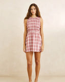 Rhythm Chelsea Check Mini Dress in Plum purple front view showing the elegant neckline and relaxed flowing mini dress silhouette in a checkered print, sold by Point Break Cambridge local family surf shop at 63 Duke street.
