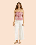 Rhythm Chelsea Check Strapless Top in Plum purple front view showing the elegant strapless neckline and relaxed bandeau silhouette in a checkered print, sold by Point Break Cambridge local family surf shop at 63 Duke street.